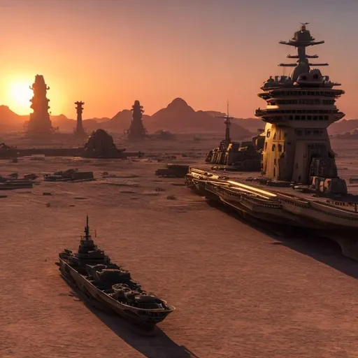 Prompt: a giant port in the desert with a gigantic battleship, hyper-realistic imagery, highly detailed, sunrise, 8K