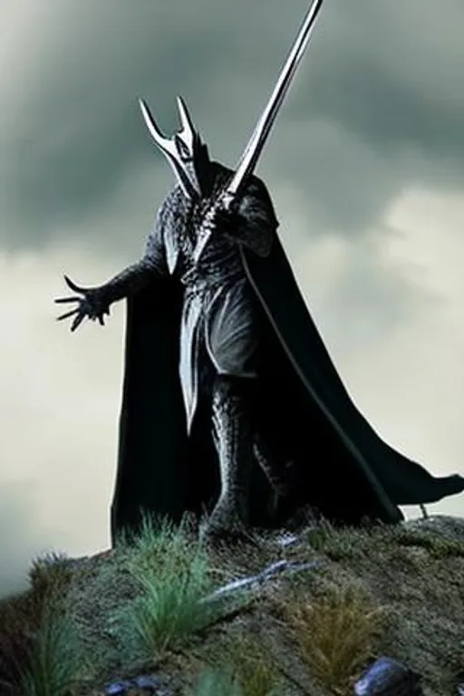 Prompt: Witch king of angmar with sauron ride a dragon in mordor