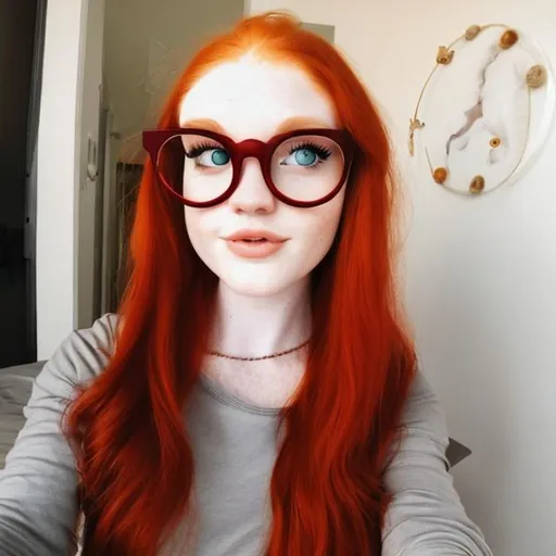 Prompt: Beautiful white girl with beautiful face and red hair with a big circle glasses 
