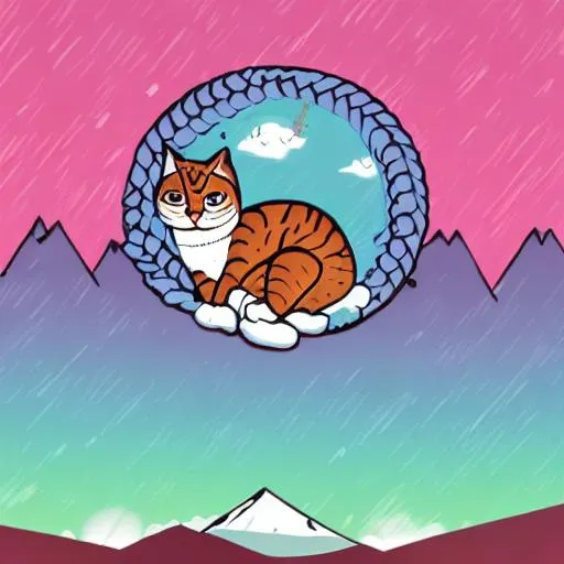 Prompt: Background sky with diamonds, mountain pink ,cat with human body, eating cat with dragon body