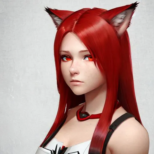 Prompt: a young woman in her teens, red hair, red eyes and redskin with one wolf ear