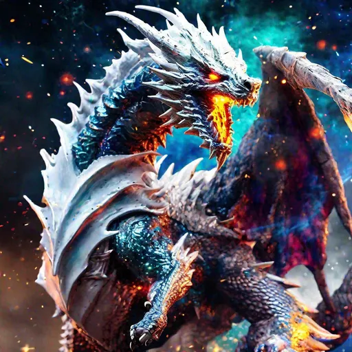 Prompt: an ugly white dragon born from d and d masked divinity knight like creature in action and unleashing an attack against enemies, vincent van gogh style, fw murano style, full body GALAXY armour, vibrant colour blast, incredibly detailed, morbid, dark, key , atmospheric, highly realistic, ultra wide epic shot --ar 3:4 --s 750