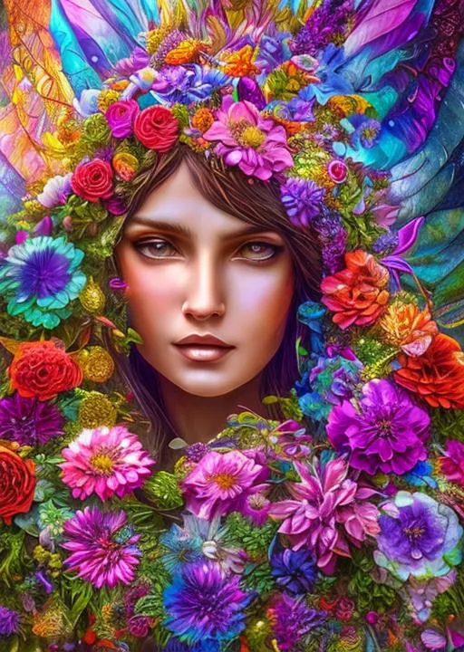 Prompt: Digital art, fantasy art, epic perspective, very colorful, magical flower garden art rendition of a remarkably beautiful in face and form, bejeweled, winged fairy with long, long, flowing, silky, light brown colored hair seated in a garden of flowers and trees with multi colored, beautiful, semi-transparent, gossamer wings, Hyper detailed, magical lighting with lens flares in the style of Penelope Luc hyper detailed digital art