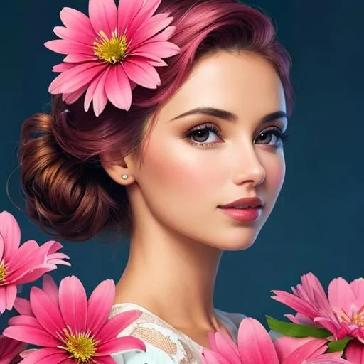 Prompt: a beautiful woman , lots of pretty pink flowers