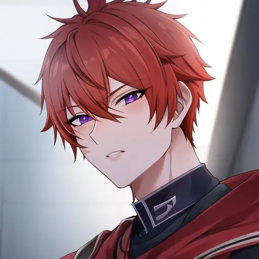 Prompt: Erikku male (short ginger hair, freckles, right eye blue left eye purple) UHD, 8K, Highly detailed, insane detail, best quality, high quality, Upset, muscular