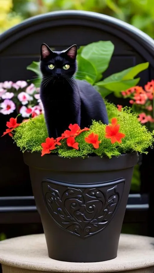 Prompt: A black cat is sitting in a flowerpot looking stupid