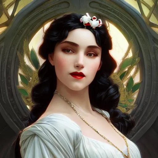 Prompt: Snow White as a vampire queen, long curly hair, intricate, elegant, highly detailed, digital painting, artstation, concept art, smooth, sharp focus, illustration, art by artgerm and greg rutkowski and alphonse mucha and william bouguereau