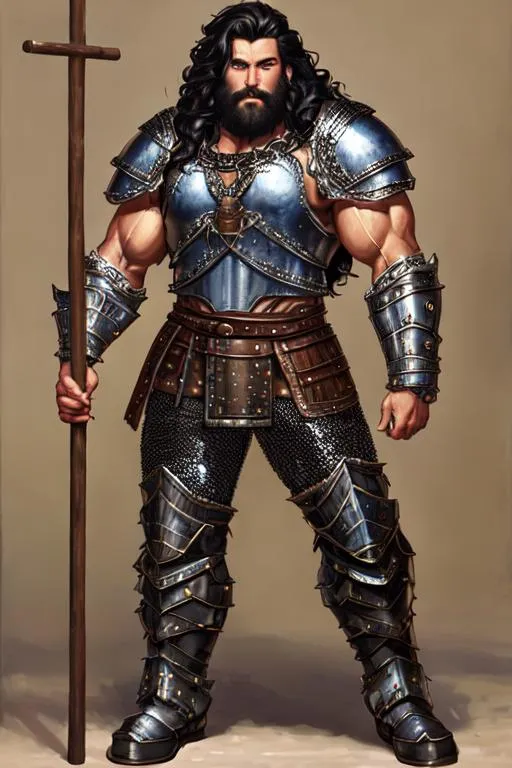 Prompt: oil painting, full body, hairy chested, hairy forearms, strong muscular, male warrior character, wears breastplate, has short, wavy black hair cropped above his ears and blue eyes, wears chain mail pants and armored boots, he holds a wooden staff, 