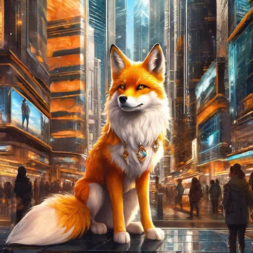 Prompt: (masterpiece, 2D, hyper detailed, epic digital art, professional illustration, fine colored pencil), Adolescent runt ((kitsune)), (canine quadruped), nine-tailed fox, dreamy amber eyes, fuzzy {white-gold} pelt, (golden necklace with brilliant orange gemstone), pointy brown ears, in a large futuristic city, skyscrapers tower above her, the city lights up against twilight, possesses ice, timid, curious, cautious, nervous, alert, expressive bashful gaze, slender, scrawny, fluffy gold mane, {frost} on face, dynamic perspective, frost on fur, fur is frosted, sparkling ice crystals in sky, sparkling ice crystals on fur, sparkling rain falling, frost on leaves, dreamy, melodic, highly detailed character, petite body, large ears, full body focus, perfect composition, trending art, 64K, 3D, illustration, professional, studio quality, UHD, HDR, vibrant colors