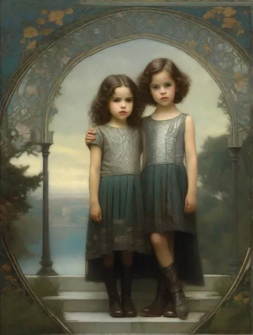 Prompt: <mymodel> Paternal Twins Children. Boy and Girl. ARTIST STYLE: William Waterhouse, Tom Bagshaw Gerald Brom, Raphael, 