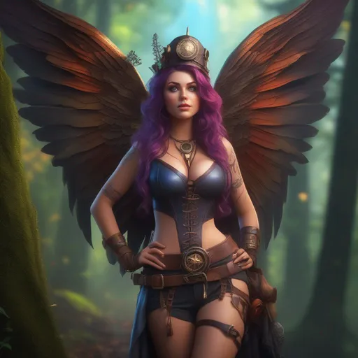 Prompt: Epic. Cinematic. 4k.  8k.  Wide angle. Full body shot. Hyper realistic painting. Concept art. matte painting. Detailed Illustration. photo realistic. A beautiful, buxom woman with broad hips. extremely colorful, bright eyes,  standing in a forest by a sleepy town. Shes a Steam Punk, colorful, gothic style witch.  A distinct Winged fairy, with a skimpy, very sheer, gossamer, flowing outfit.  A picturesque Halloween night.  Octane render. Trending on artstation.