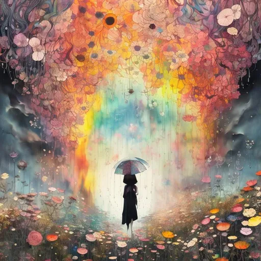 Prompt: Rain of flowers at a night City art by Art by caia Koopman,Takashi Murakami, Agnes Cecile, sascalia, Anselm Kiefer, catrin welz-stein, endre penovac. Highly detailed, intricate, crossed colors, beautiful, high definition, fantastic view. 3d, iridescent Watercolors and Ink, intricate details, volumetric lighting. 