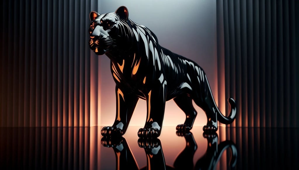 Prompt: 16:9 render showcasing a meticulously crafted vanta black tiger figurine. Its intense blackness is strikingly offset by the orange-tinted mirror surface it stands upon, producing captivating reflections and a play of light and shadow.