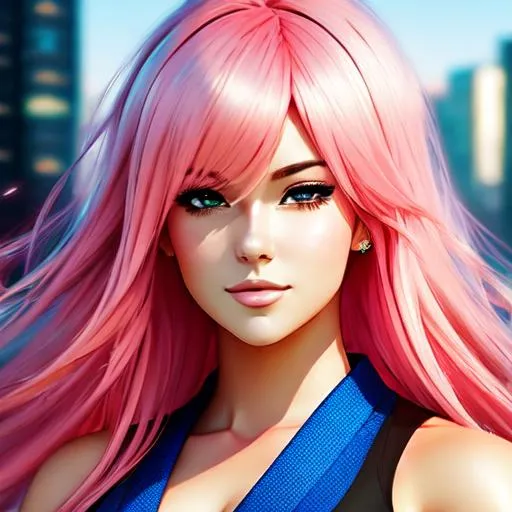 Prompt: a woman with pink hair posing for a picture, realistic anime artstyle, ”beautiful anime woman, realistic - anime, realistic anime 3 d style, beautiful,1.60 meter tall, using a kimono, on a futuristic city colorfull and brighter colors
