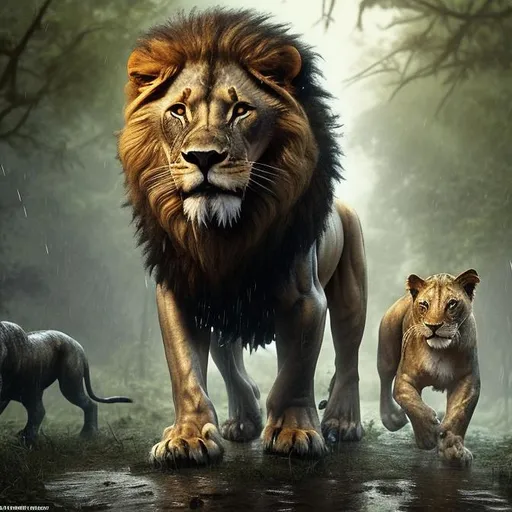 Prompt: A majestic lion strides with purpose through a rain-soaked forest, accompanied by a determined human companion. Nearby, a sprawling city is overrun by hordes of zombies, adding an air of suspense and danger to the scene