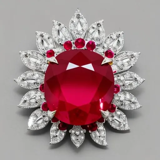 Prompt: Ruby brooch shaped like an apple with a bite out of it set with diamonds