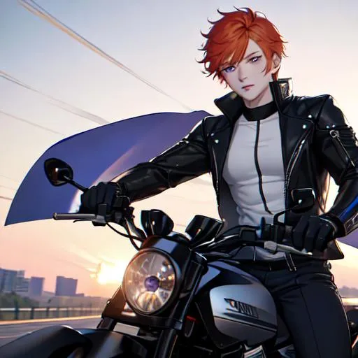 Prompt: Erikku male (short ginger hair, freckles, right eye blue left eye purple) muscular, riding a motorcycle on the freeway, UHD, 8K, Highly detailed, insane detail, best quality, high quality