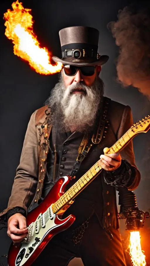 Prompt: A steampunk man with a grey goatee beard playing a Stratocaster with fire in the background