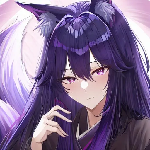 Prompt: male kitsune, long dark blue hair, purple eyes, fox ears downcast, playful look, portrait,
