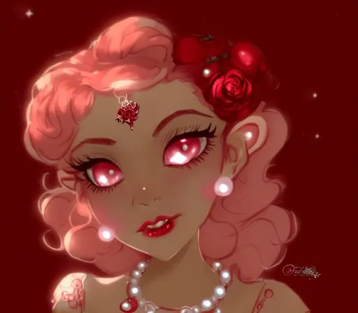 Prompt: baby pink ringlet hair, black girl, red rose in hair, sultry red eyeshadow, red eyes, white pearl necklace, red lips, enchantress rpg.