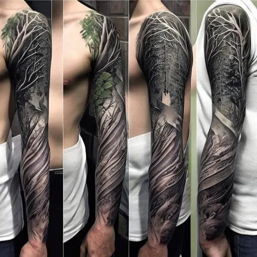 space forest themed full sleeve arm tattoos