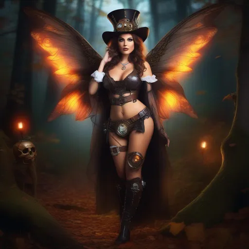 Prompt: Wide angle. Whole body showing. Detailed Illustration. Photo real. Very realistic. A beautiful, buxom woman with broad hips. Colorful, glowing bright eyes,  standing in a forest by a sleepy town. Shes a Steam Punk Witch, a Winged Fairy, with a Skimpy, sheer, flowing outfit. On a colorful, Halloween night. 