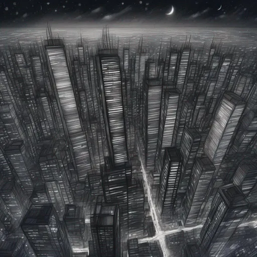 Prompt: photograph of aerial view of sky scrapers at night, dark night sky, starry sky, highly detailed, dark tones, HD, 8k, pencil sketch art