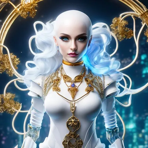 Prompt: Full body in the shot. Epic. ((Ultra-detailed depiction)). (Beautiful and aesthetic:1.2). a Skeleton Gynoid sorcerer ((robotic limbs)), Bald ((Hairless)), Porcelain Skin, White Skin, blue-within-blue colored eyes, Blank expression, exposed wiring. gold jewelry {Cross, Necklace}, dynamic pose, highly detailed, masterpiece. realistic proportions, correct proportions, anatomically correct hands.