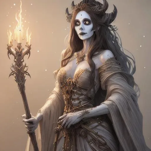 Prompt: Full body splash art portrait of a beautiful female undead sorceress casting a spell, skull nose, very long honey brown hair, wearing long light-colored floaty iridescent pearlescent robe, carrying a wooden staff, D&D, fantasy, intricate, beautiful, elegant, highly detailed, sharp focus, digital painting, artstation, concept art, 4k, 8k