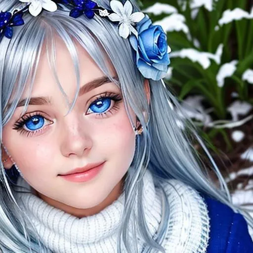 Prompt: young girl, covered in frost, bashful hypnotic sapphire blue eyes, calm bashful smile, gorgeous silver hair, blue flower in her hair