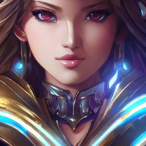 Prompt: Closeup face portrait of a woman, angel, smooth soft skin, big dreamy eyes, beautiful intricate colored hair, gold armour, symmetrical, anime wide eyes, soft lighting, detailed face, by makoto shinkai, stanley artgerm lau, wlop, rossdraws, concept art, digital painting, looking into camera, warhammer 40k, adepta sororitas, sisters of battle