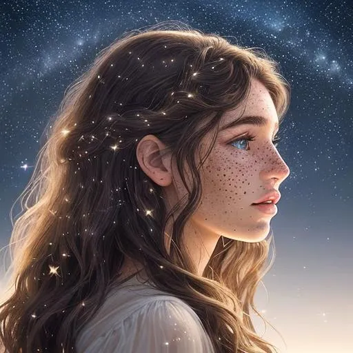 Prompt: A beautiful and powerful caucasian Canadian/Irish/French/American with light freckles woman (a greek goddess of the night sky) with magical flowing brunette hair in the style of constellations and the night sky flowing and fading into stars, starting confidently profile picture