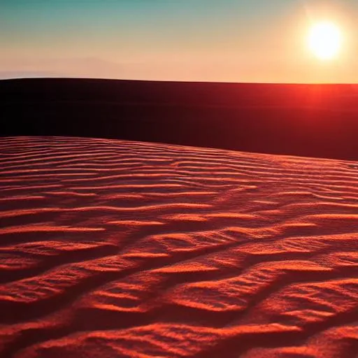 Prompt: Red sun on a desert with black sand