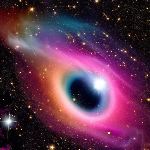 Prompt: Gold and pink cosmic space dust surrounding a black hole colourful beautiful 