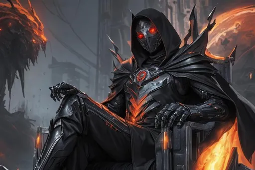 Prompt: An abnormally tall and lanky humanoid hunched over in nanotech armor with spines and metal protrusions. He has a black cape and is sitting ominously on a floating mechanical chair. His face is covered with a metal mask with beady glowing red eyes under a black hood. behance HD