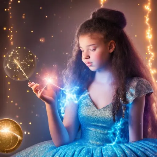 Prompt: 16 year old girl in a glittery puffy ball gown casting a spell with her magic wand 