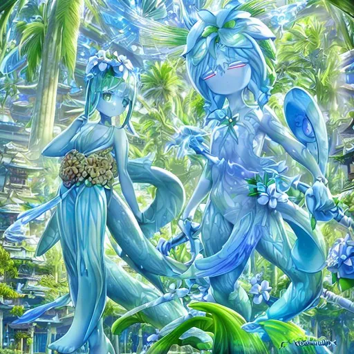 Prompt: magical giant sentient tropical sandy palm tree carnivorous plant creature with scythes and one white flower at its center. sunlight shafts, floating blue crystal shards with an ancient temple in the background.