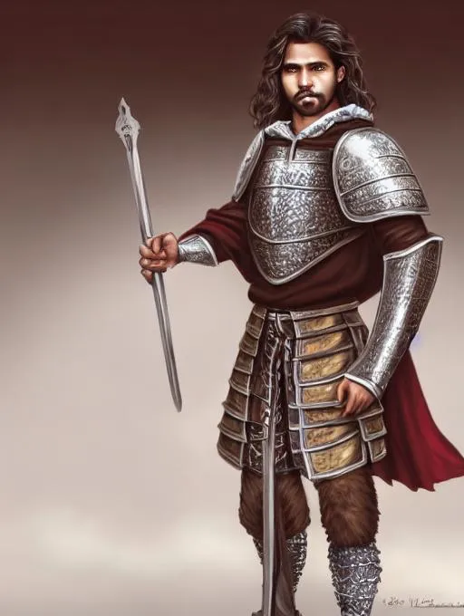 Prompt: A photo-realistic handsome brown male with medium wavy hair falling Infront of one eye, blue eyes, wearing silver medieval armor rimmed with a blue hood at the collar, red lace-up shirt under the armor