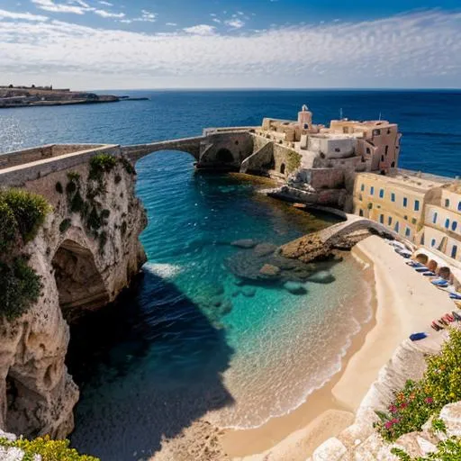 Prompt: photorealistic, far view panorama , high angle, Seafront and harbor scene, Polignano a Mare, Italy, extremely detailed, beautiful, award winning, fantastic view, high definition.