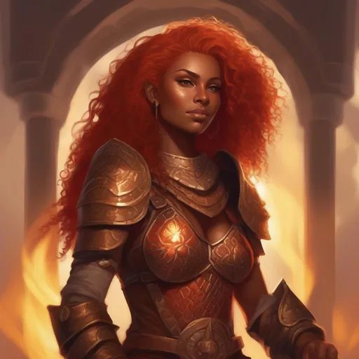 Prompt: dnd a dwarvern woman with red fiery curly hair with dark tan skin wearing bronze armor sun goddess 