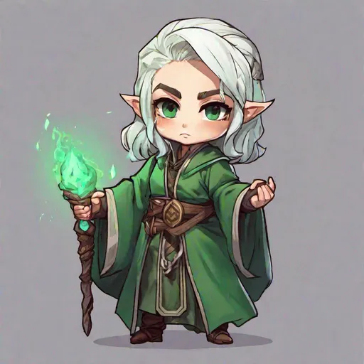 Prompt: Chibi Dungeons and Dragons Woman Halfling Priest Green Robe White Hair Full Body Solid Background