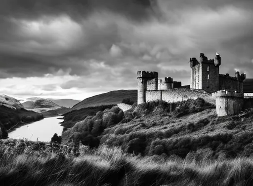 Prompt: can you please make me a black and white, charcoal artwork-like image of Scottish highlands with a castle, and in the top left corner is written "Happy 50th Wedding Anniversary"