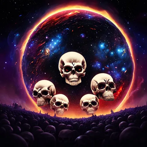Prompt: An epic fantastic realism comic book style painting of the most beautiful spinning SKULLS , launched across the dark and starry night sky,  fisheye, unreal 5, DAZ, hyperrealistic, octane render, dynamic lighting