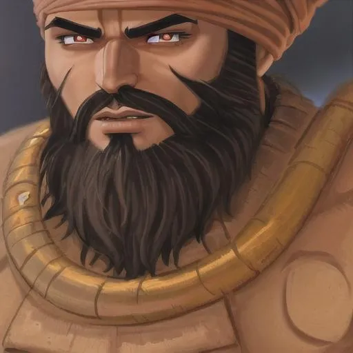 Prompt: Bearded Khalsa Warrior with red eyes, close up, anime, dragon ball z, hyperrealism, brown skin