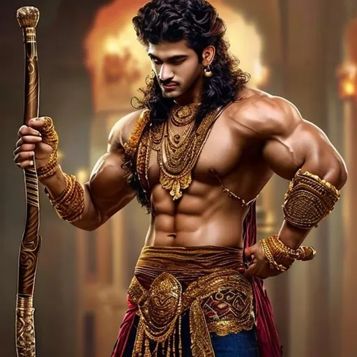 Prompt: Golden attire , beautiful clothes, curly hairs, man earings ,muscular man, with a Indian club weapon
