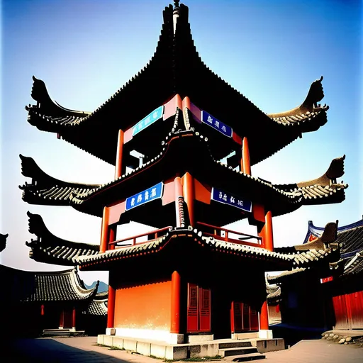Prompt: A pagoda-shaped cellphone tower stands proudly amidst a rustic Chinese town. Its roof corners and eaves are adorned with abundant telecommunications equipment, seamlessly blending with the surroundings. The scene exudes a harmonious fusion of tradition and technology. The camera, set to capture the essence of this unique sight, utilizes a wide-angle lens to encompass the tower and its surroundings. Inspired by the works of contemporary photographers like Fan Ho and Edward Burtynsky, this image celebrates the coexistence of heritage and modernity in a captivating way.