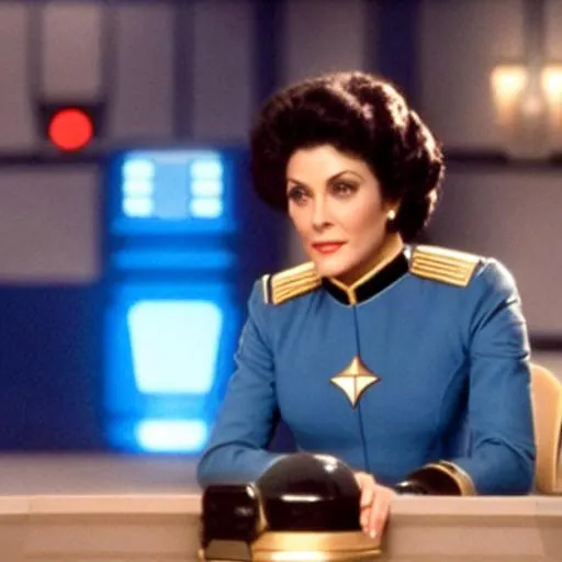 Prompt: Elderly grey Deanna Troi, wearing a blue starfleet uniform, sitting on the command chair of a holographic futuristic command center. 