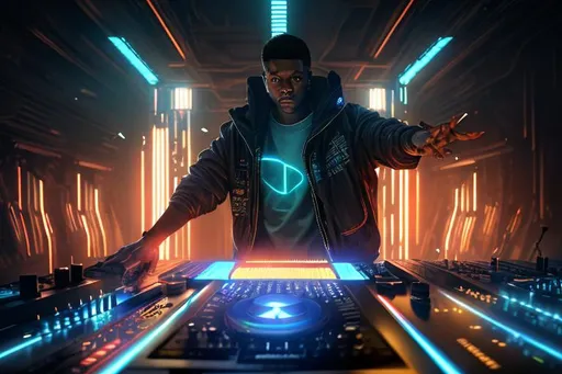 Prompt: deejay with his hands up in a lightshow, perfect composition, hyperrealistic, super detailed, 8k, high quality, trending art, trending on artstation, sharp focus, studio photo, intricate details, highly detailed, cyberpunk, by greg rutkowski