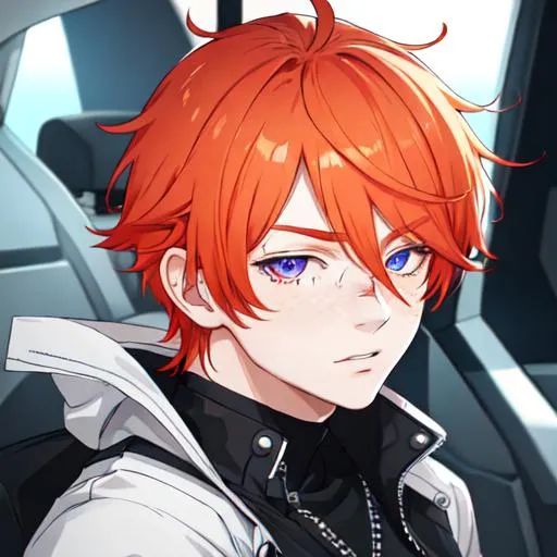 Prompt: Erikku male adult (short ginger hair, freckles, right eye blue left eye purple) UHD, 8K, Highly detailed, insane detail, best quality, high quality,  anime style, biker 