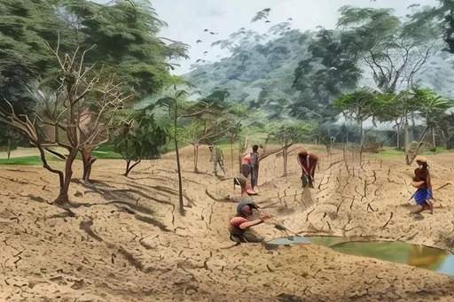 Prompt: realistic art of Filipino farmers trying to find source of water during drought